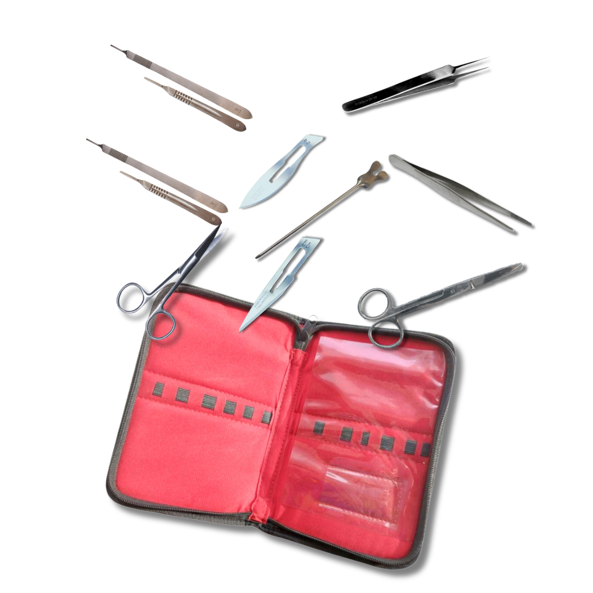 Trousse à dissection à fermeture zip rouge, les 10